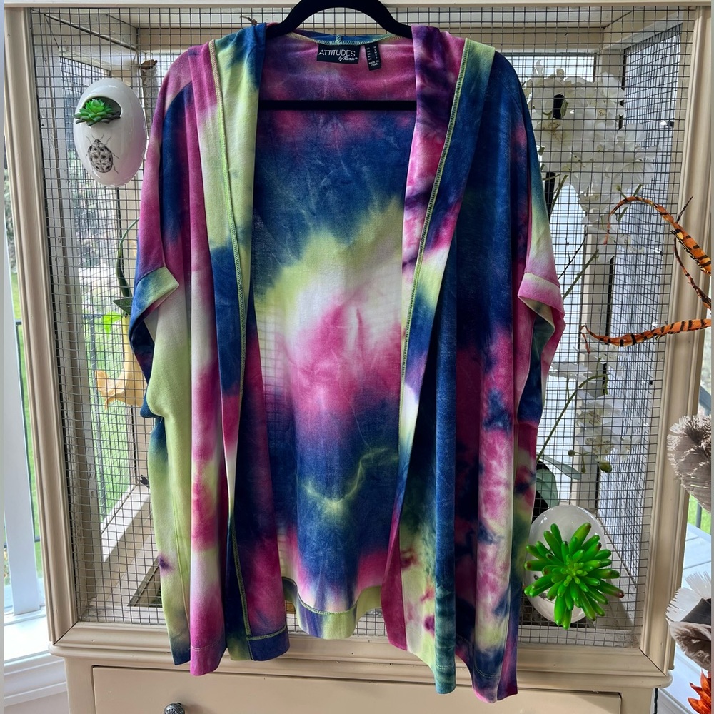 Attitudes by Renée Tie Dye Hooded Cover Up Kimono M-XL